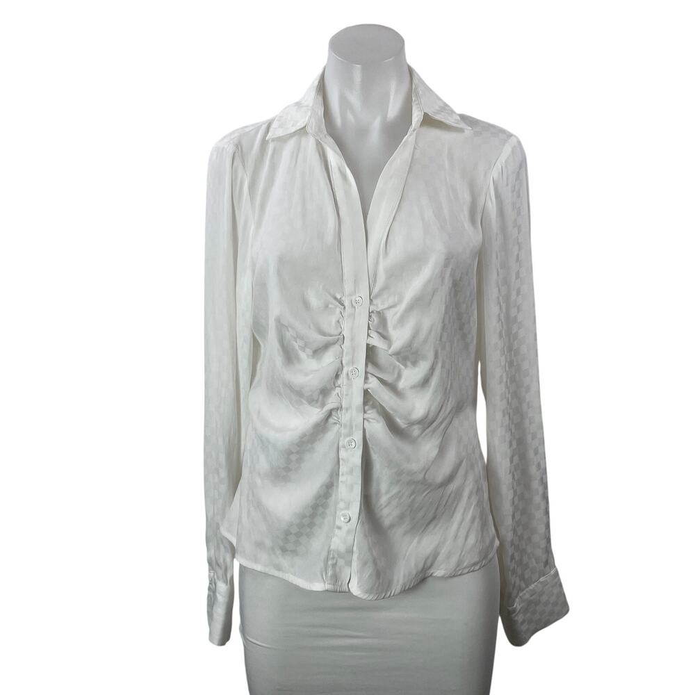 Fate Womens White Long Sleeves Ruched Checkered Collared Button Down Shirt Top L